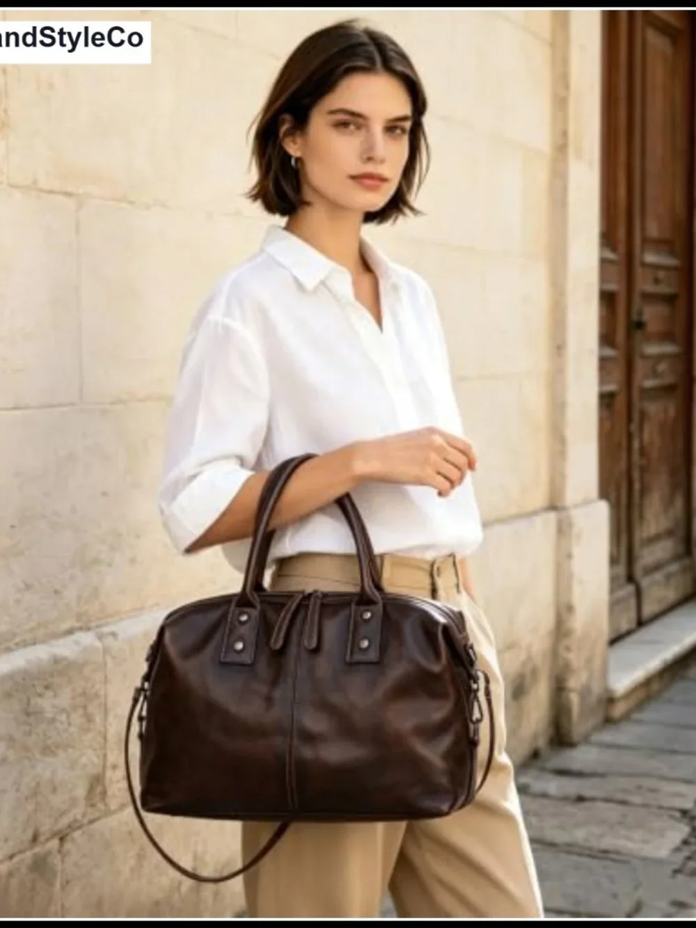 Genuine Leather Satchel Tote Bag with Top Handle and Detachable Shoulder Strap
